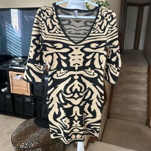 Elegant Black and Cream Patterned Dress Body Con Knit Sweater Dress